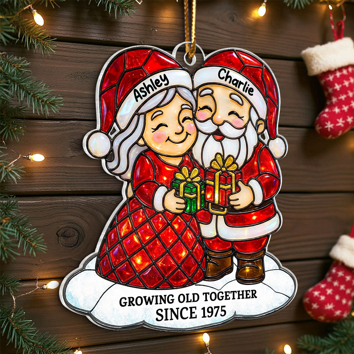 Couple Growing Old Together Stained Glass Pattern - Personalized Acrylic Ornament - Heartwarming Christmas Gift For Him, For Her, For Couple
