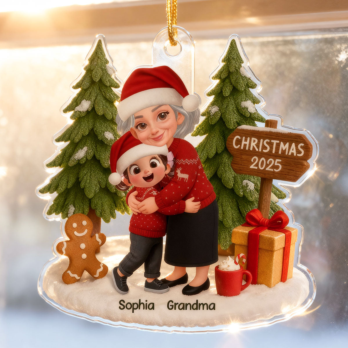 3D Effect Grandma Hugging Grandkid Festive Christmas - Personalized Acrylic Ornament - Gift For Grandkids