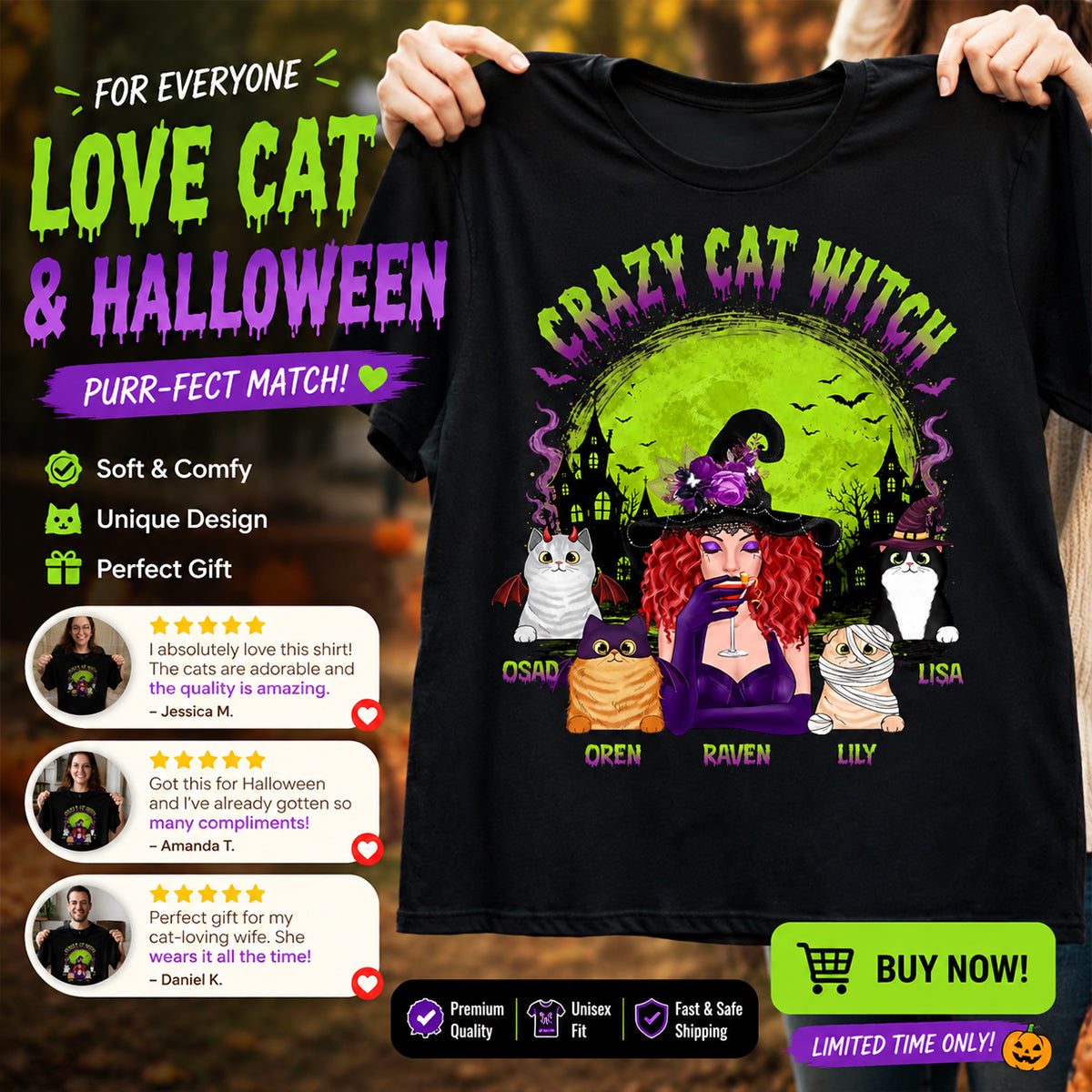 Crazy Cat Witch - Personalized Shirt - Halloween Gift for Cat Moms, Cat Lovers