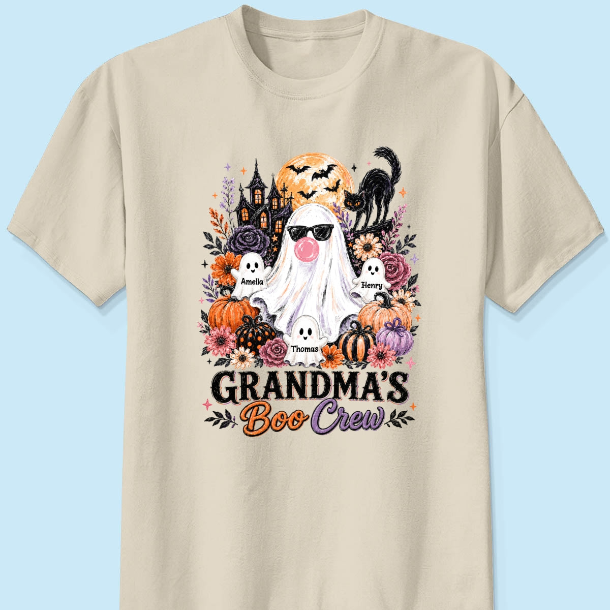 Grandma's Boo Crew Haunted House - Personalized Shirt - Trendy Halloween Tee for Grandma