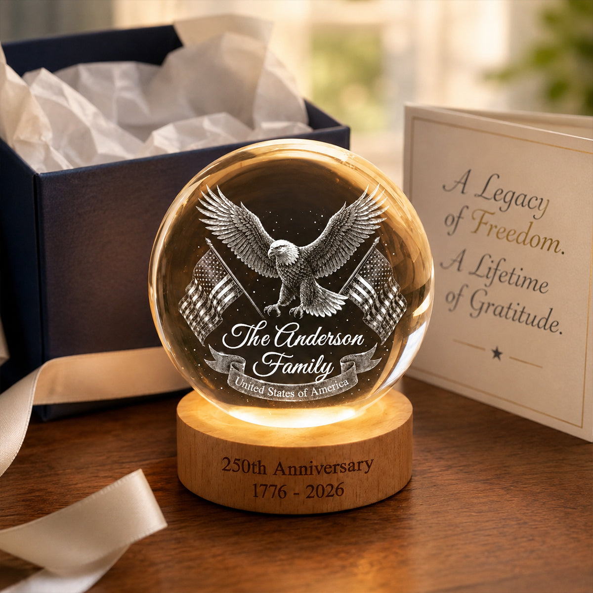 United States of America 250th Anniversary - Personalized Crystal Ball LED Night Light - Custom Family Name
