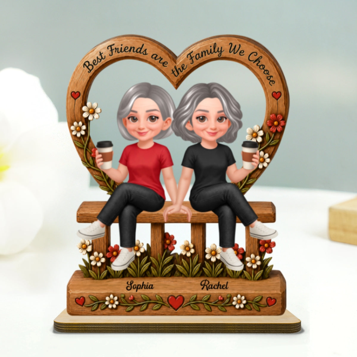 Floral Besties Best Friends Are The Family We Choose - Personalized 2-Layered Wooden Plaque - Birthday Gift, Gift For Best Friends