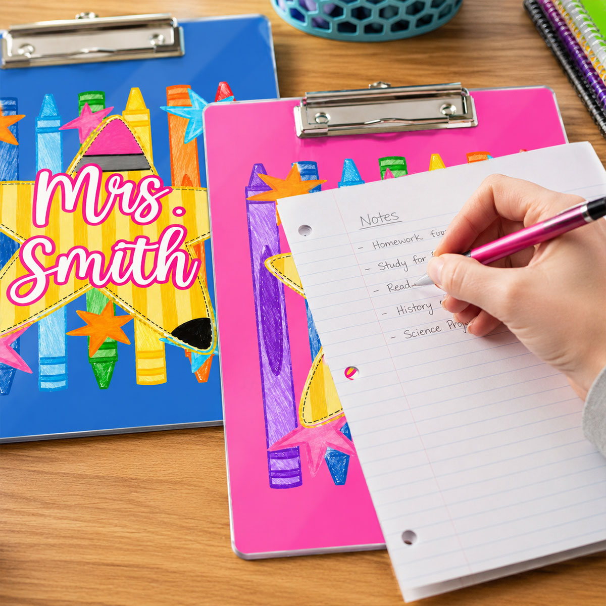 Colorful Crayon Striped Teacher Custom Name - Personalized Clipboard - Teacher Appreciation, Back To School Gift For Teachers, Colleagues