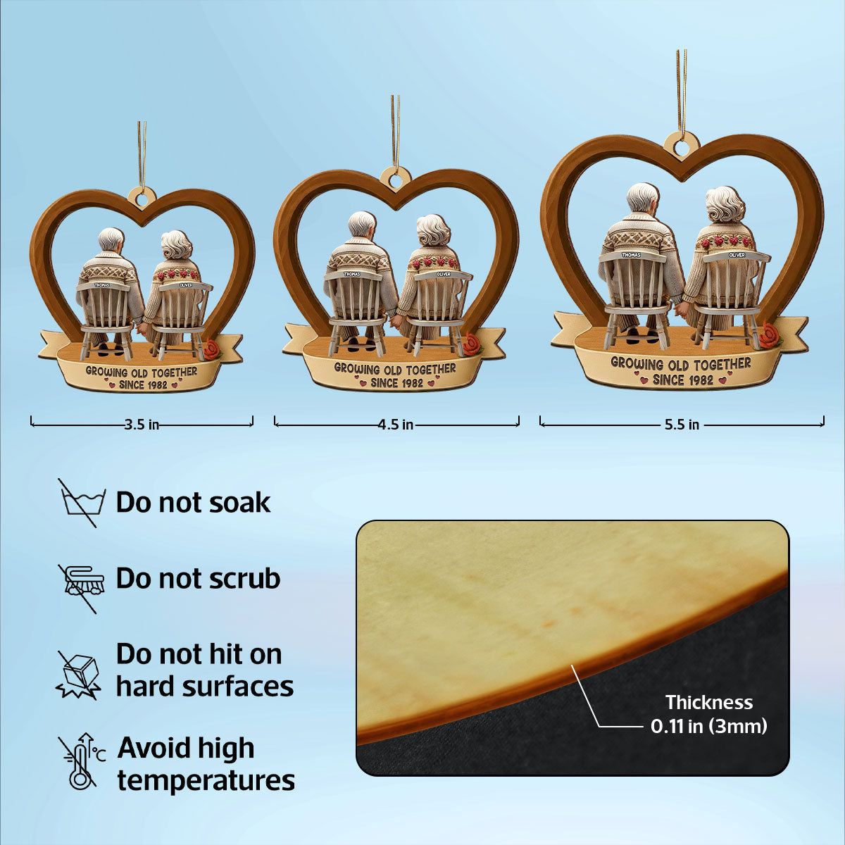 3D Back View Old Couple Growing Old Together - Personalized Wooden Ornament