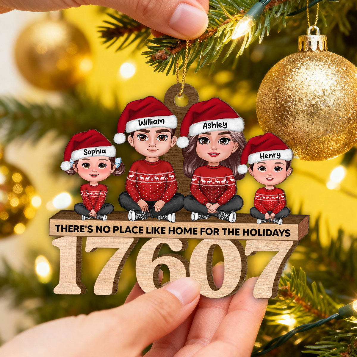 No Place Like Home Doll Family Sitting Zip Code - Personalized Wooden Ornament