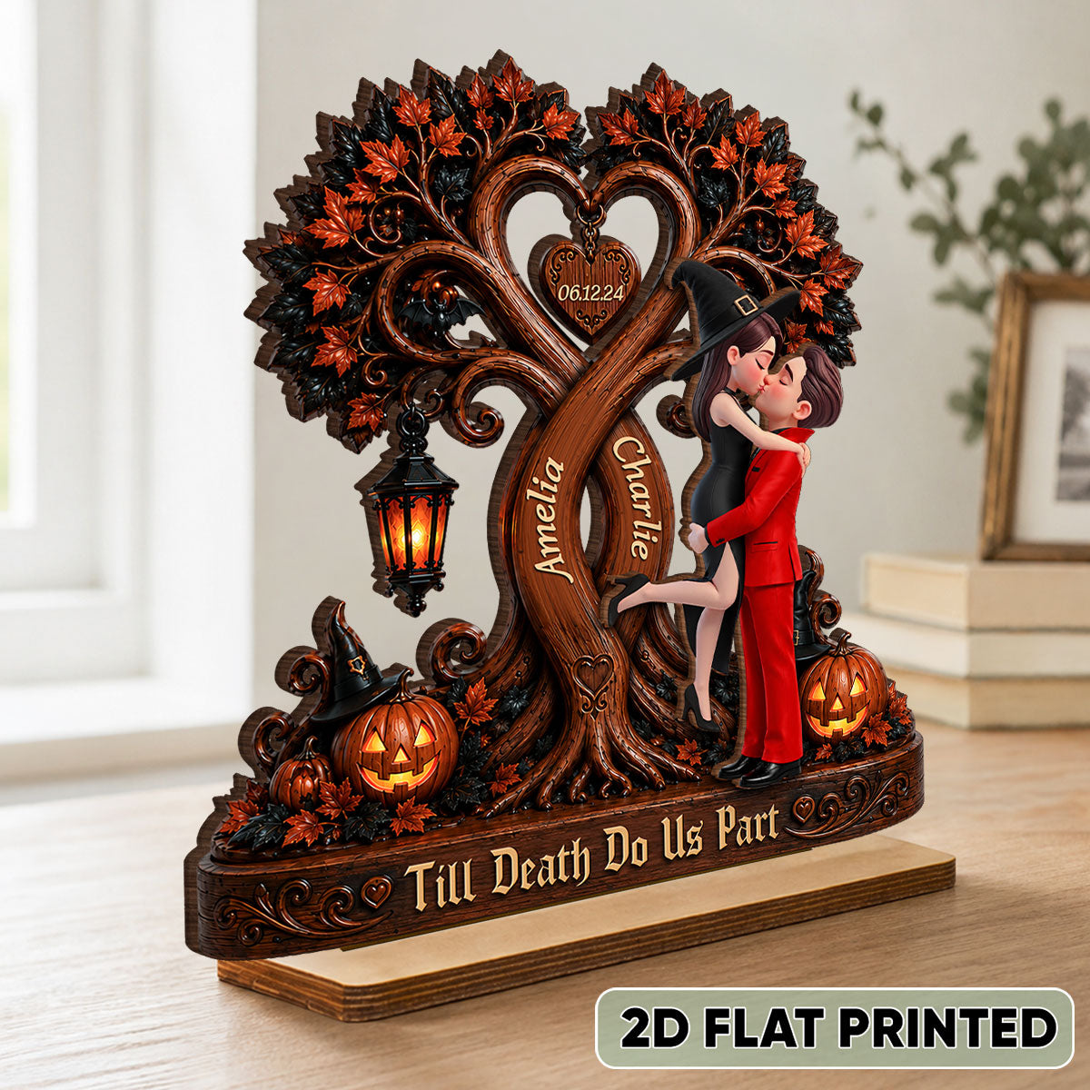 Couple Kissing Under Halloween Tree - Personalized 2-Layered Wooden Plaque - Halloween Decor for Her, for Him
