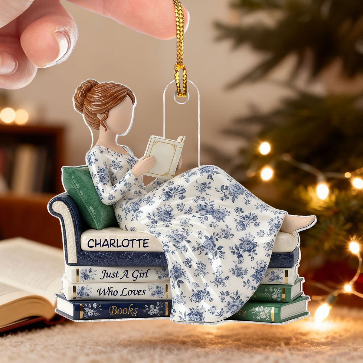 3D Effect Girl Reading Books On Sofa Toile De Jouy Pattern - Personalized Acrylic Ornament - Christmas Gift For Book Lover, Bookworm