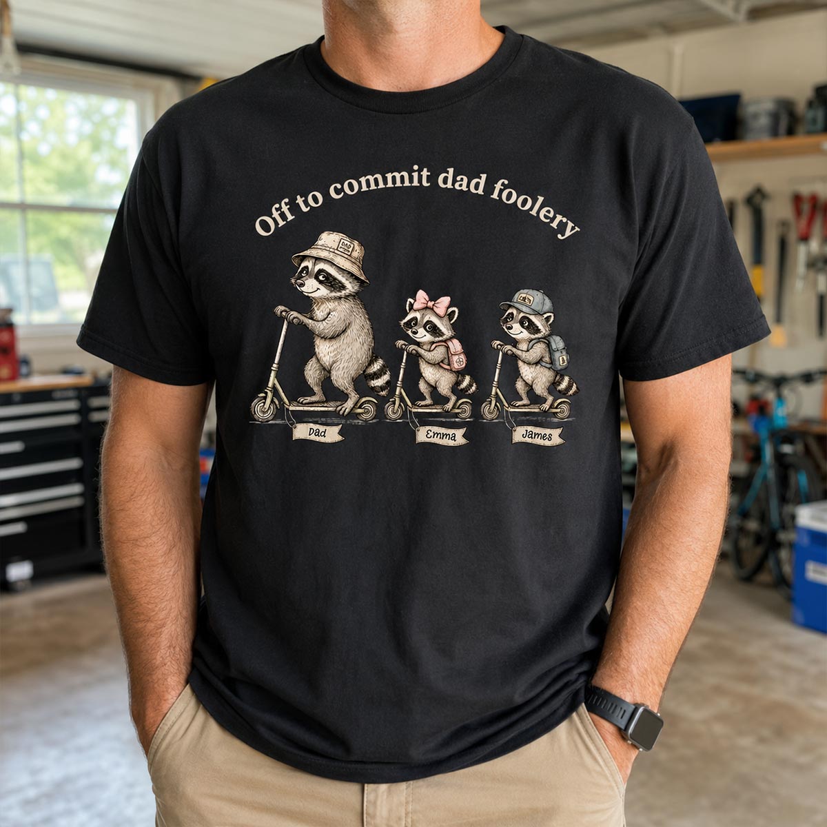 Off To Commit Dad Foolery Funny Raccoon Dad & Kids - Personalized Shirt - Funny Father's Day Shirt For Husband