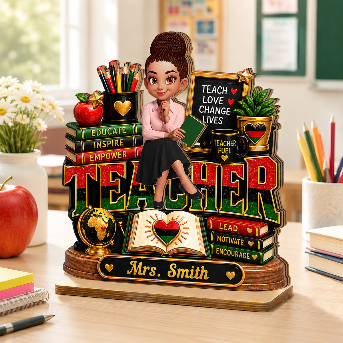 Teach Love Changes Life - Personalized 2-Layered Wooden Plaque - African American Teacher Appreciation Gift