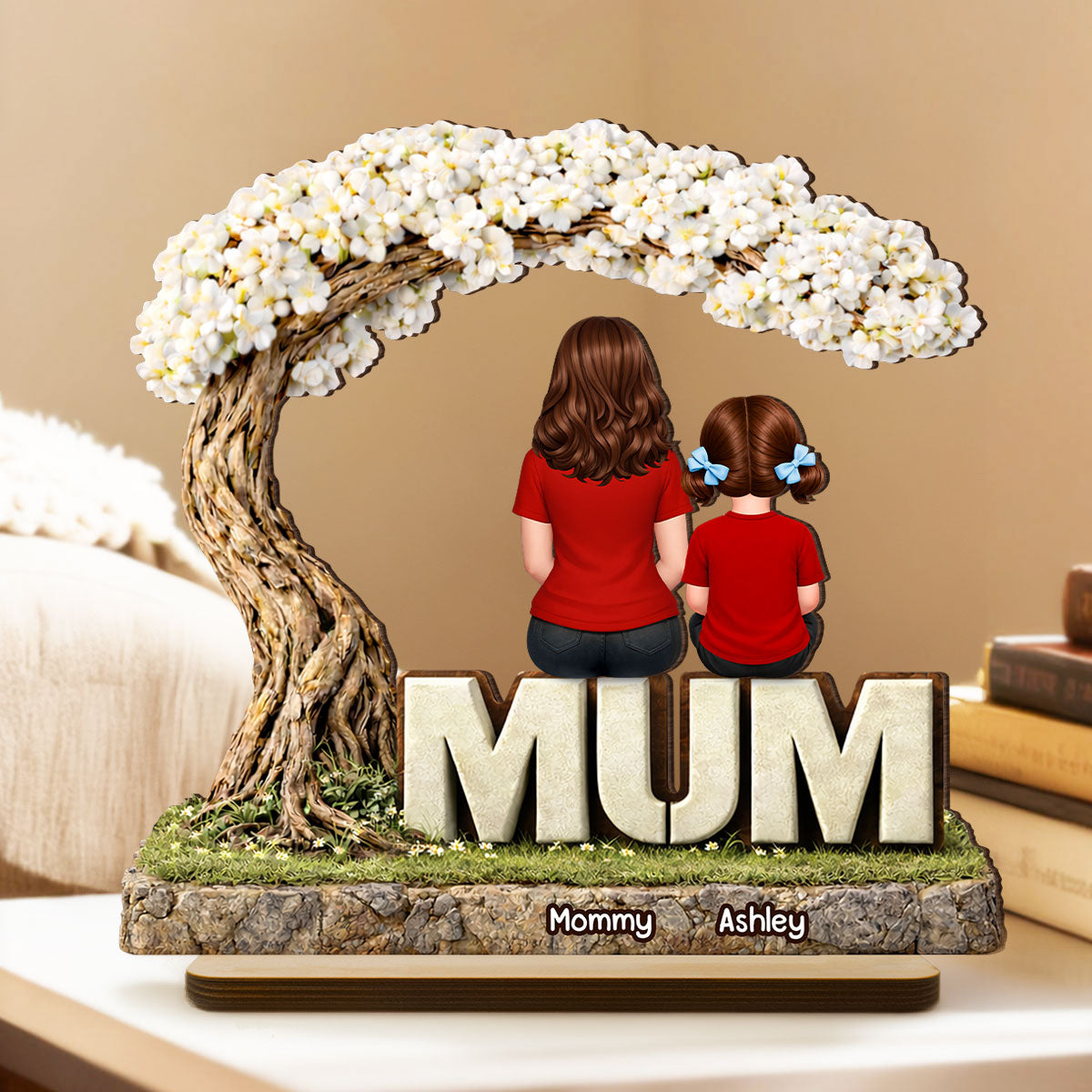 Personalized Family Tree 2-Layered Wooden Plaque – Mom & Kids Names Standing Decor