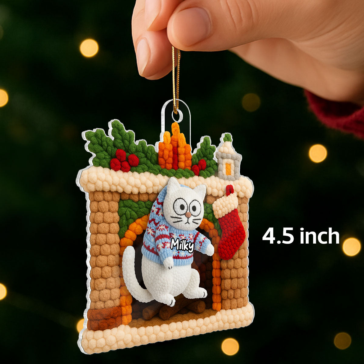 Cat Hanging on Christmas Mantel Fireplace Latch Hook Yarn Faux - Personalized Acrylic Ornament - Christmas Gift for Cat Lovers