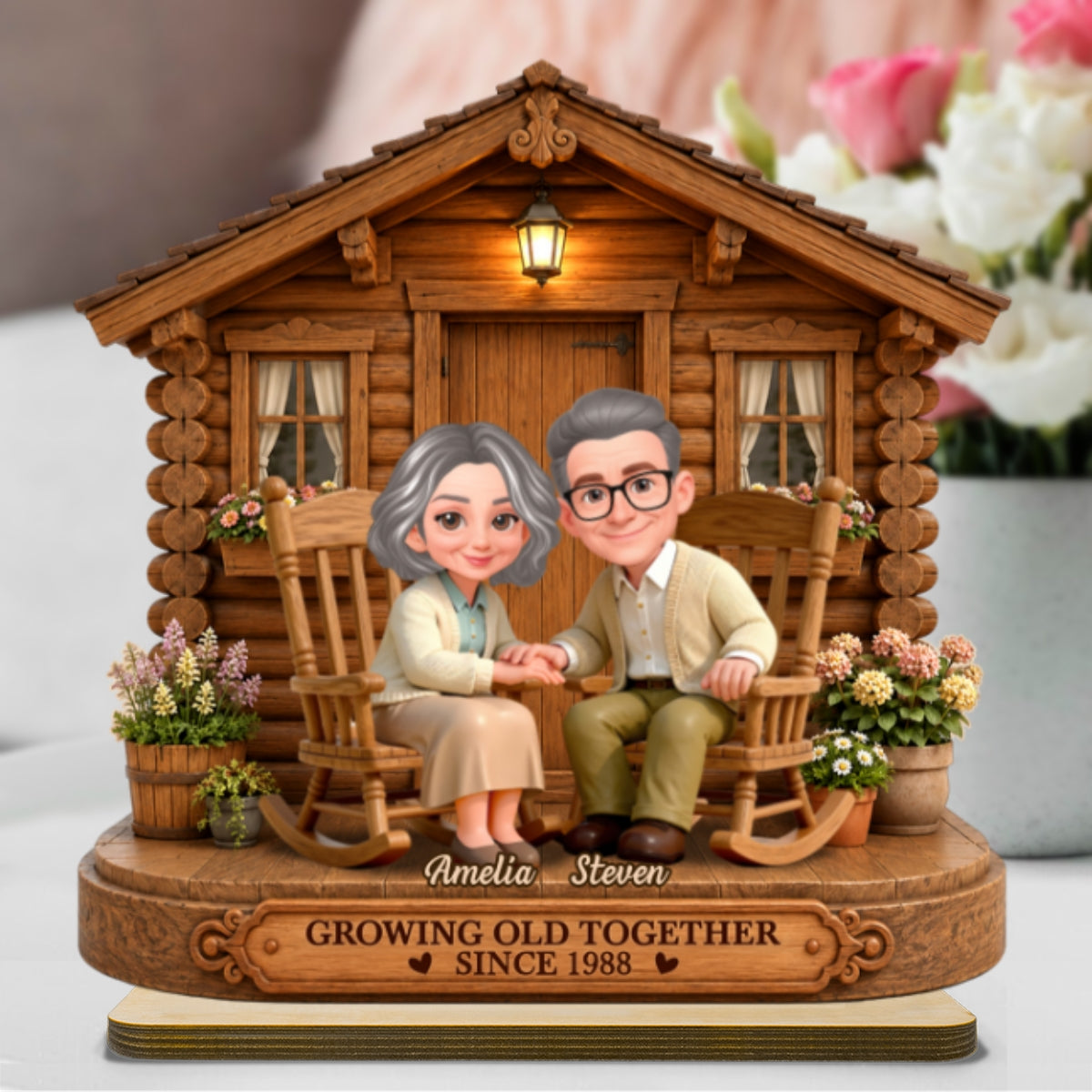 Eternal Love Couple Growing Old Together Cabin Wood House - Personalized 2-Layered Wooden Plaque - Anniversary Gift For Couple
