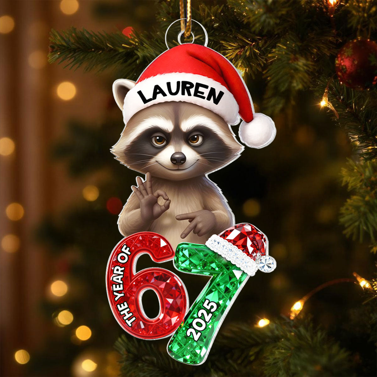 Cunning Raccoon Christmas Pattern Custom Six Seven 67 - Personalized Acrylic Ornament - Teen Slang Funny Tree Decor, Funny Teen Grandkid Gift