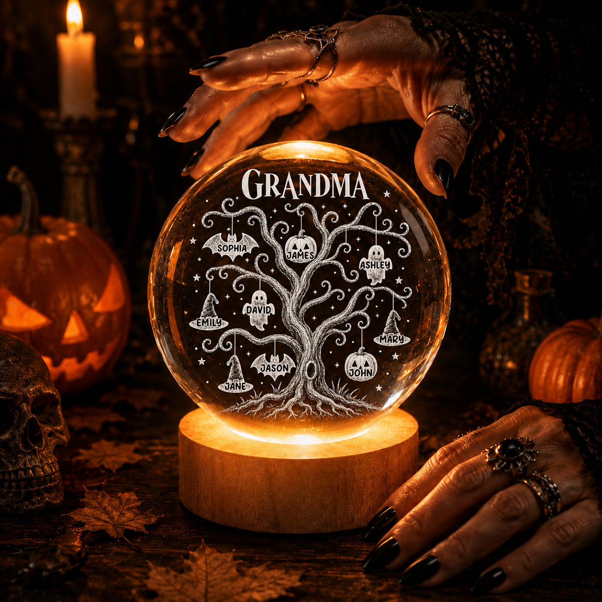 Halloween Tree With Kids Names - Personalized Crystal Ball Night Light - Halloween Gift For Grandma