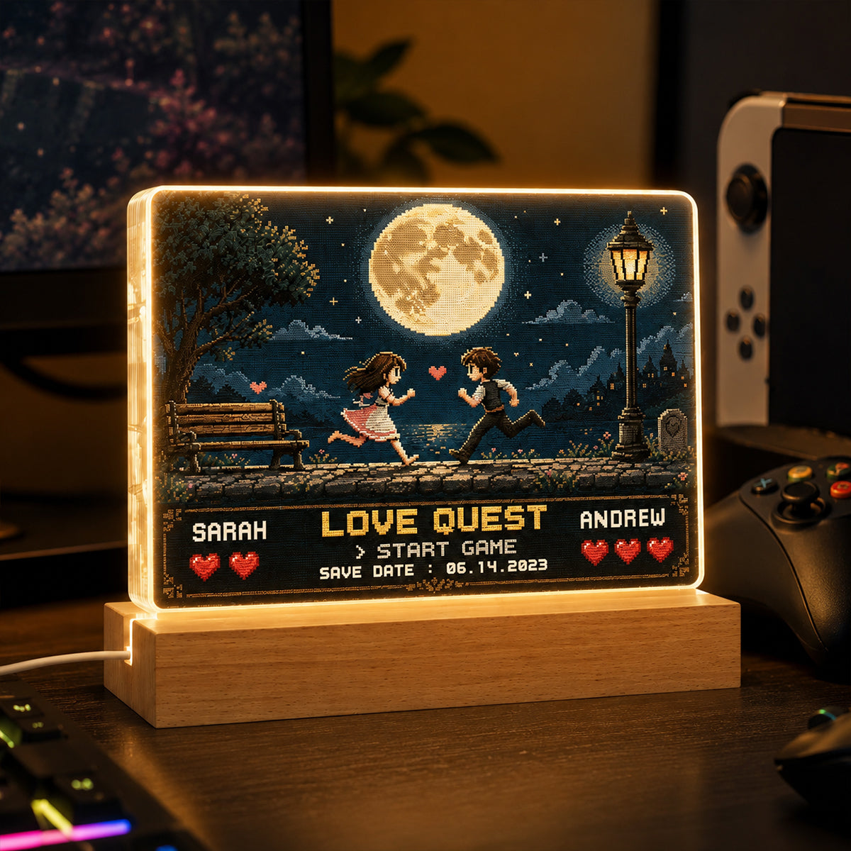 Retro Gamer Couple Love Quest - Personalized Acrylic Block LED Night Light - Anniversary Gift for Him, for Her