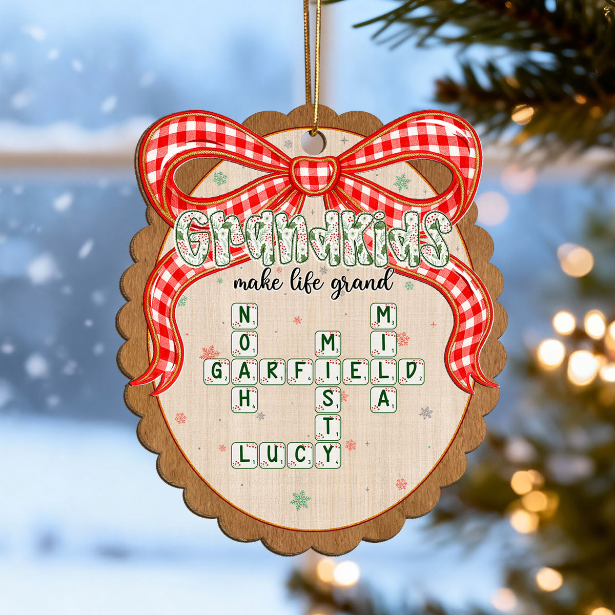 Grandkids Make Life Grand Coquette Floral Christmas Pattern Crossword Puzzle Art - Personalized Wooden Ornament