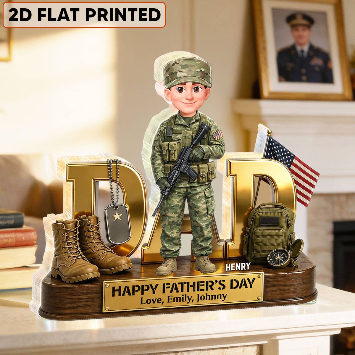 Proud American Military Armed Force Hero Dad 2D Flat - Personalized Acrylic Block Plaque -  Unique Trending  Gift For Dad, Husband