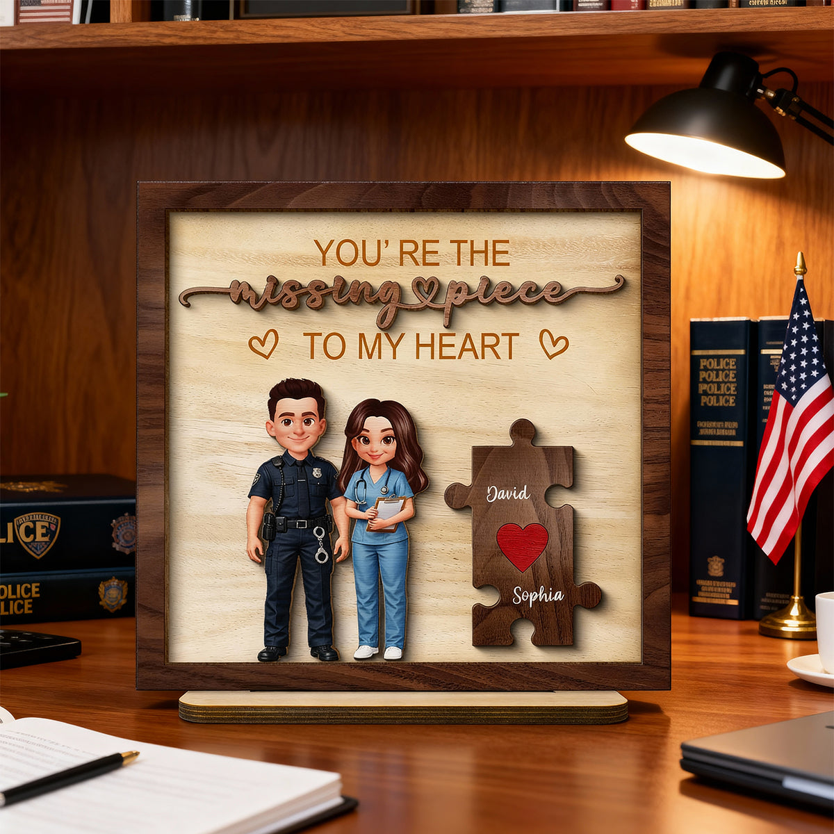 The Missing Piece to My Heart Couple Occupation Nation Flag - Personalized 2-Layered Wooden Plaque - Heartfelt Gift for Him, for Her