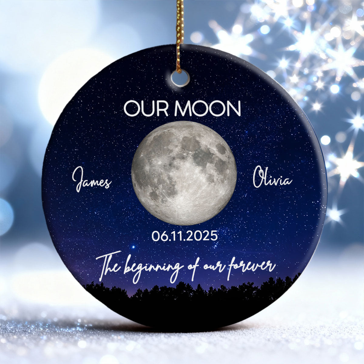 Moon Phase Couple The Beginning Of Our Forever - Personalized Ceramic Ornament - Gift For Couple