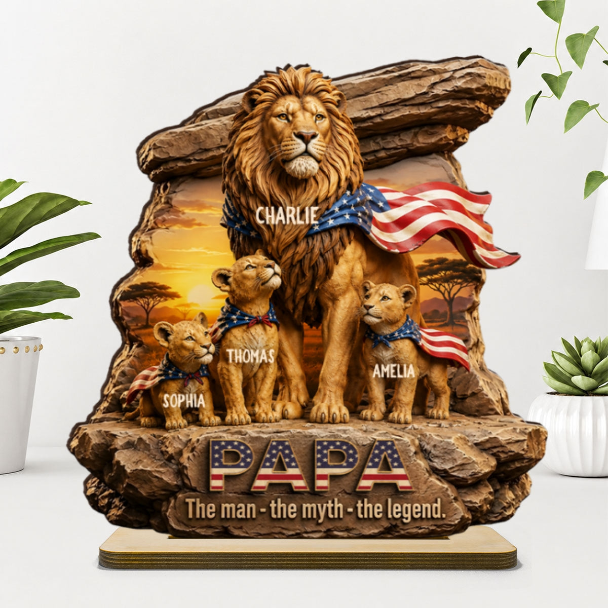 Lion Dad Papa the Legend - Personalized 2-Layered Wooden Plaque -  Gift for Dad, Husband