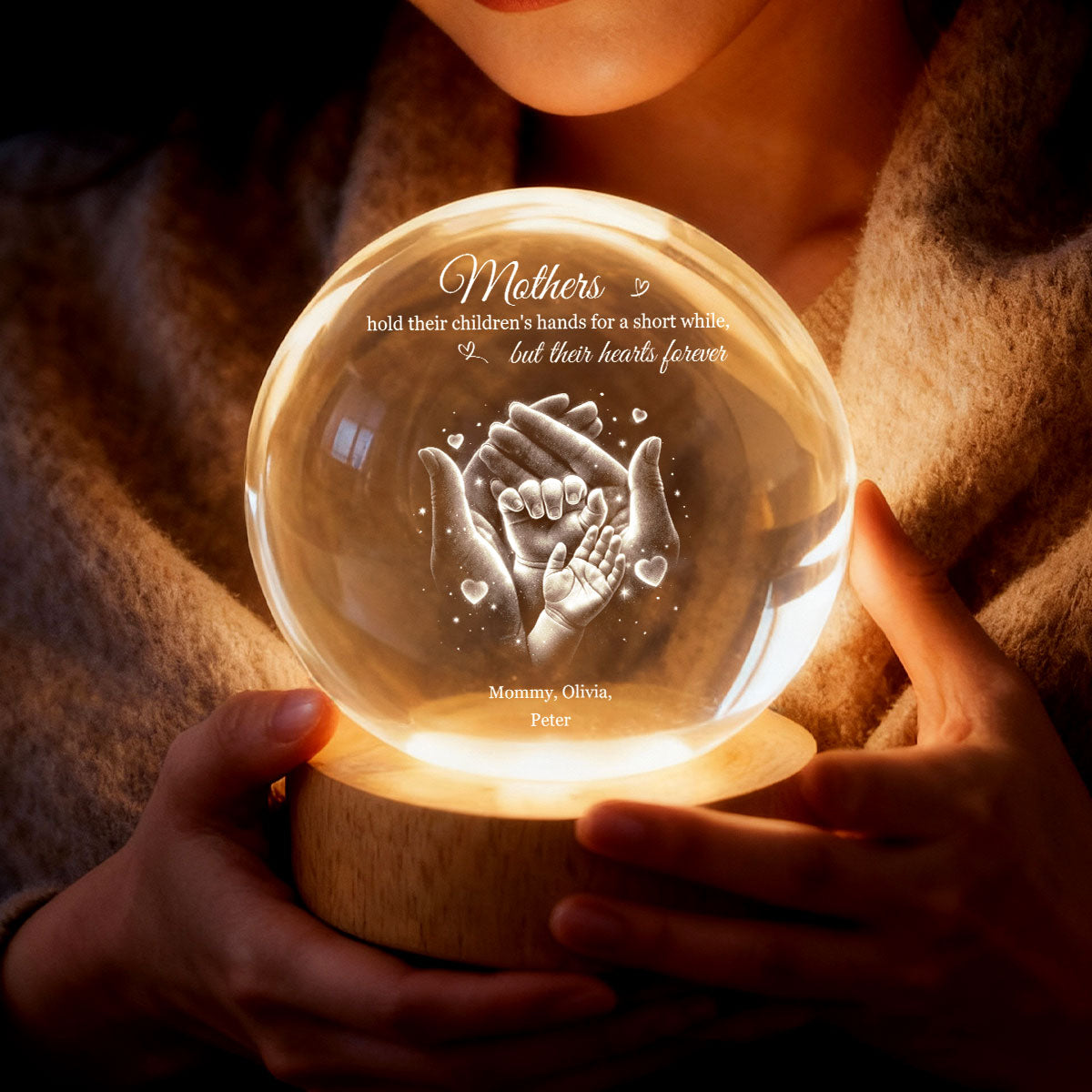 Our Family Loving Handprint - Personalized Crystal Ball LED Night Light - Sentimental Gift for Mom, Dad
