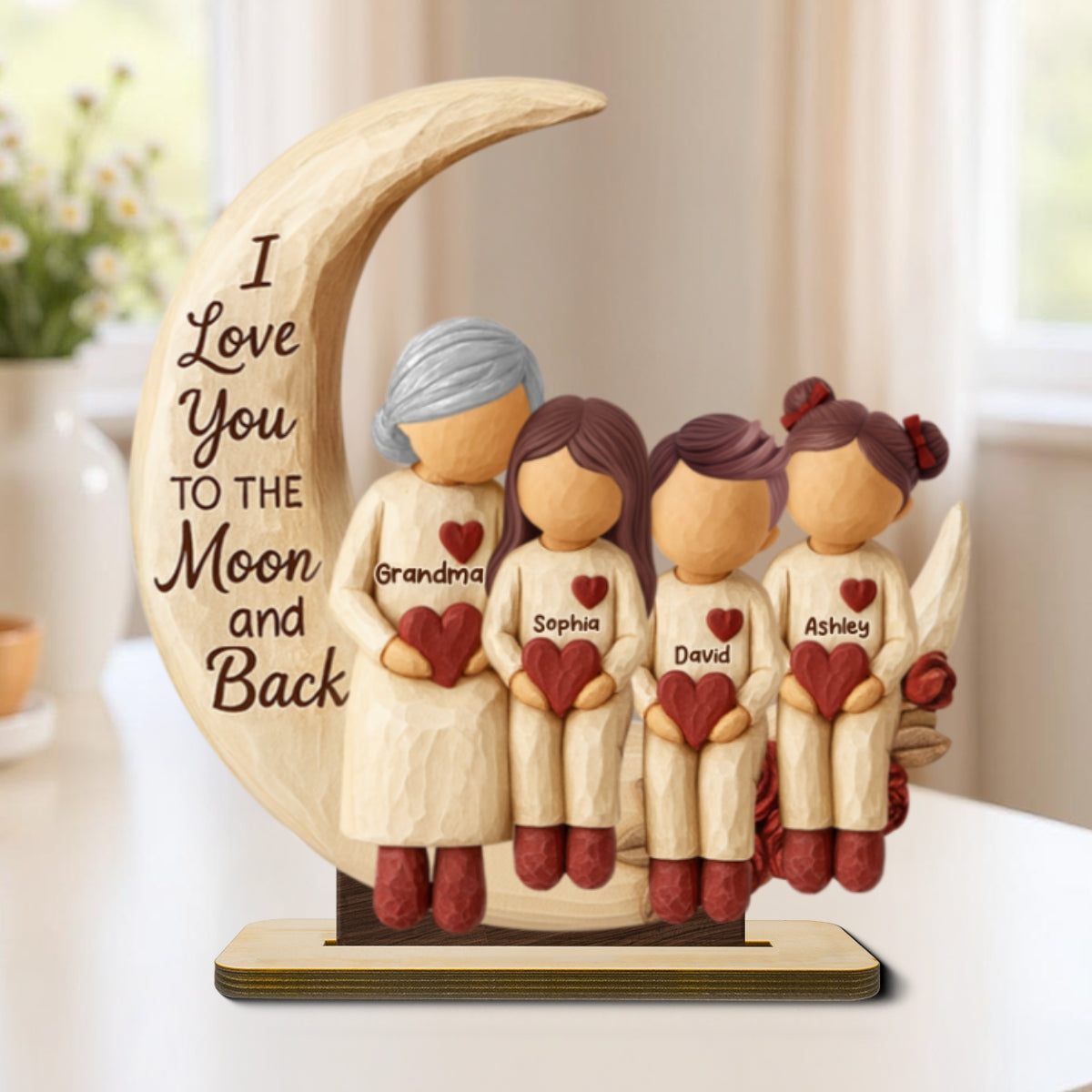 Grandma Grandkids on Moon - Personalized Standing Wooden Plaque - Nostalgia Rustic Home Decor for Grandma