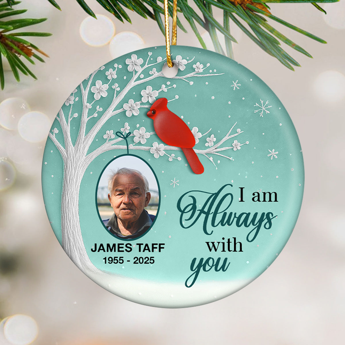 3D Sea Glass Effect Blossom Tree Cardinal Christmas Memorial Upload Photo - Personalized Ceramic Ornament