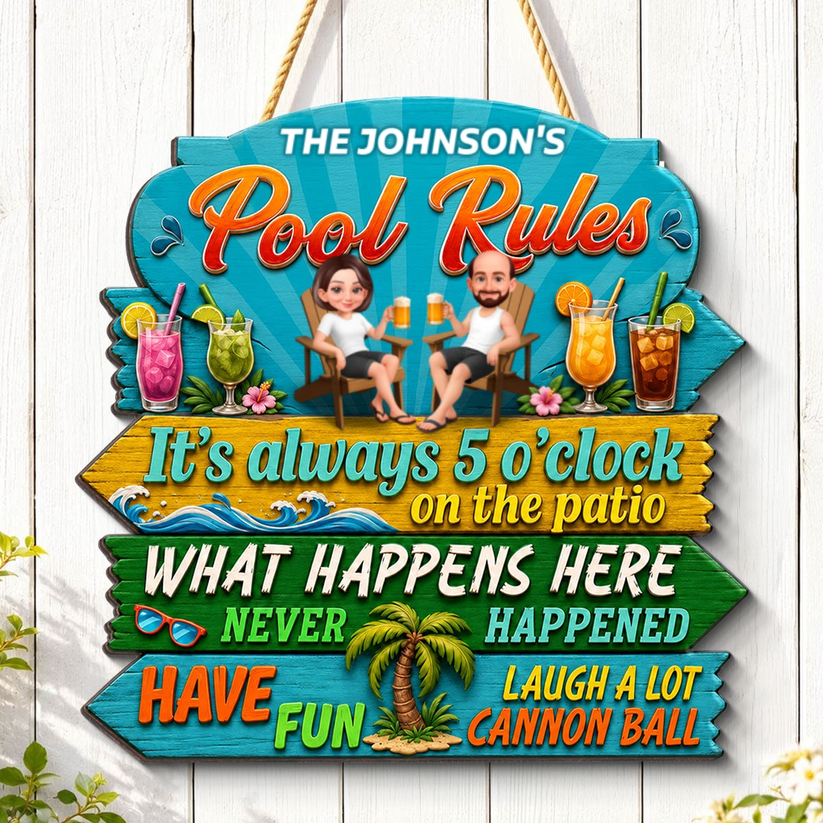 Family Pool Rules Sign Tropical - Personalized Wood Sign - Gift For Grandpa, Grandma, Summer Decorations