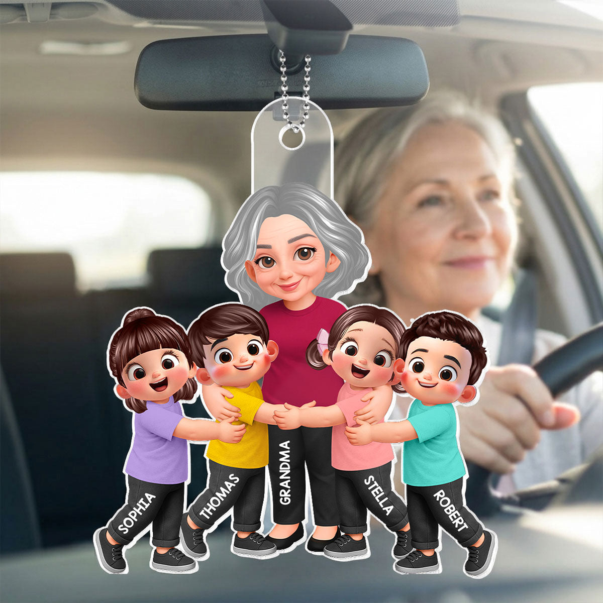 Grandma Grandkids Hugging - Personalized Acrylic Car Hanger - Mother's Day Gift For Grandma, Mom
