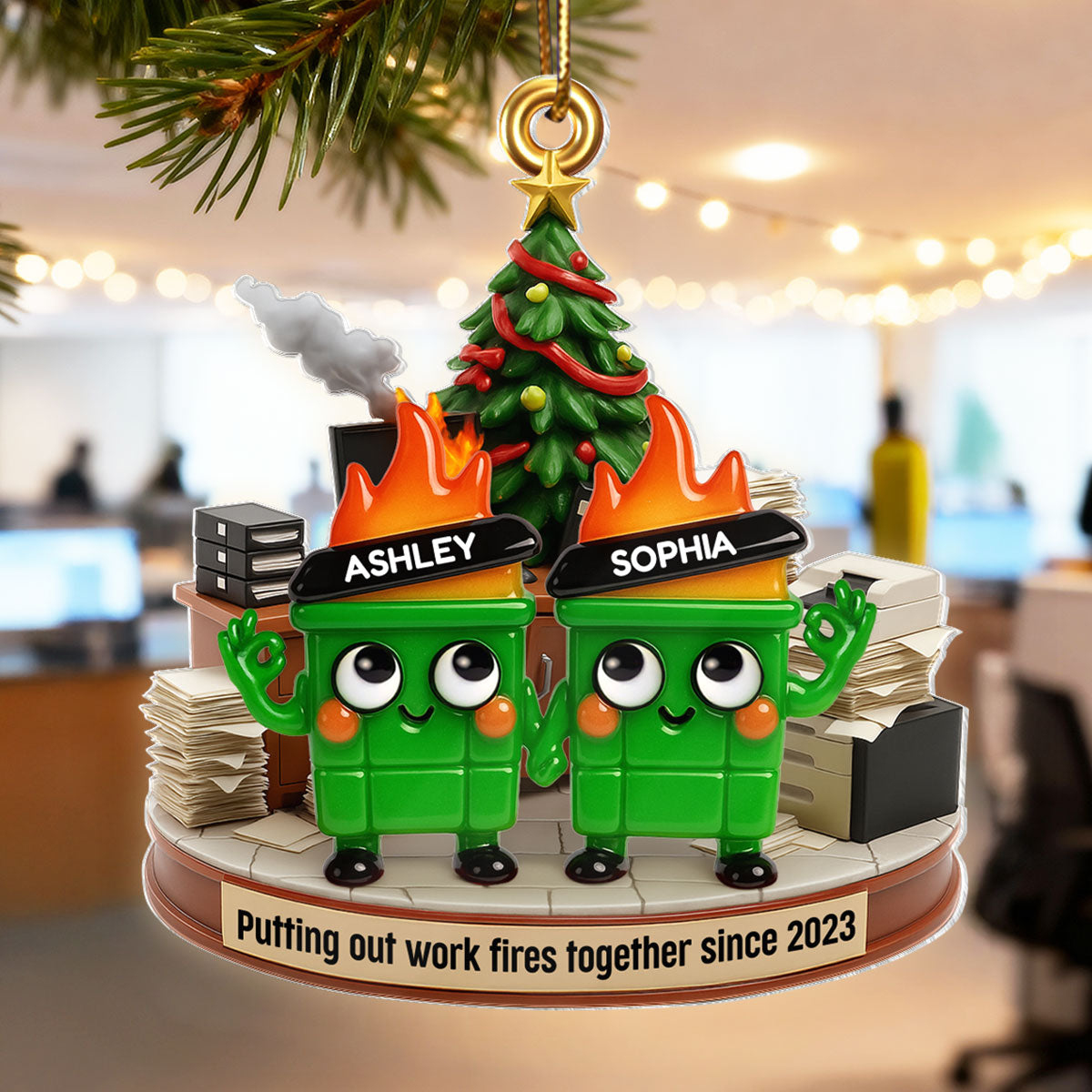 Funny Dumpster Fire Office Chaos Background - Personalized Acrylic Ornament - Funny Coworker Christmas Gift, White Elephant Gift for Coworkers