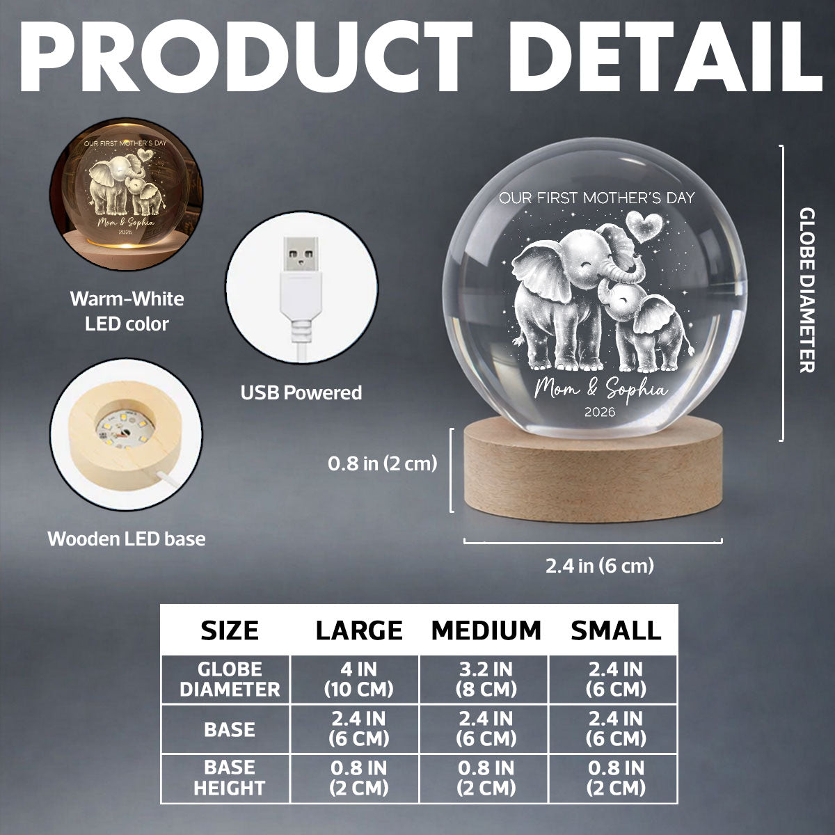 Elephant Mom And Baby Our First Mother's Day - Personalized Crystal Ball LED Night Light - First Mother's Day Gift For New Mom
