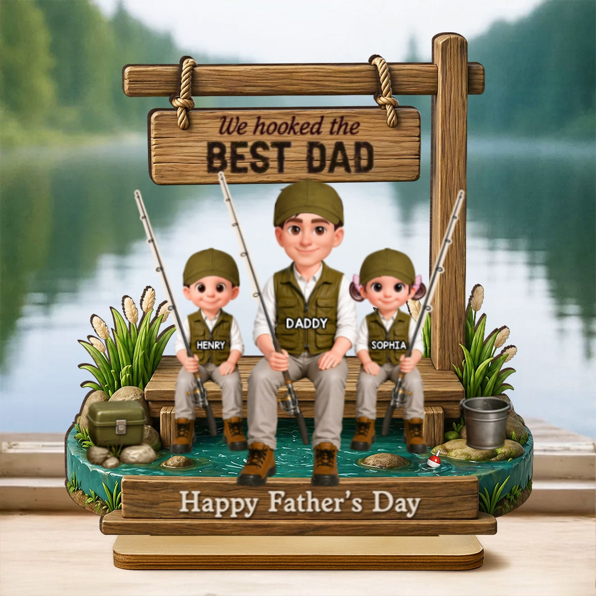 Best Moments Are Spent Together Fishing Dad Kids - Personalized 2-Layered Wooden Plaque - Heartfelt Gift For Fishing Dad, Gift For Husband
