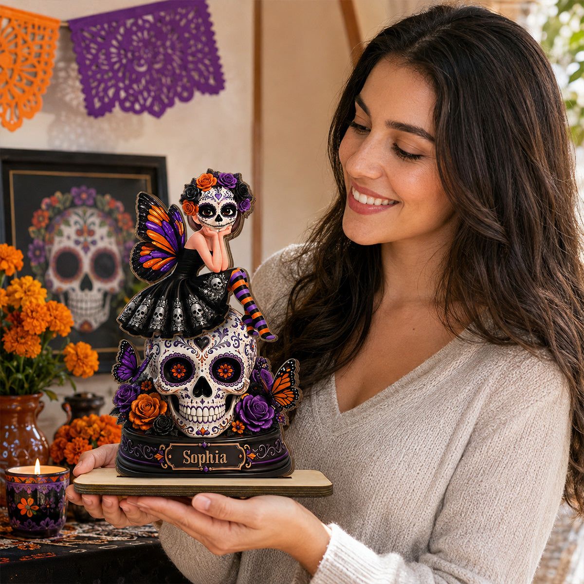 Sugar Skull Girl 2D Flat - Personalized Wooden Plaque - Halloween Decoration