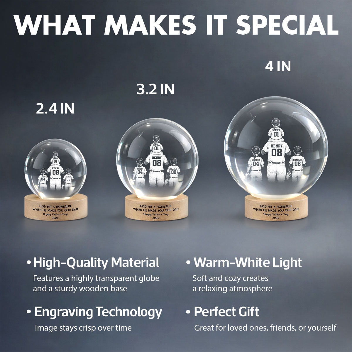 We Caught the Best Dad - Personalized Crystal Ball LED Night Light -  Gift for Dad, Husband