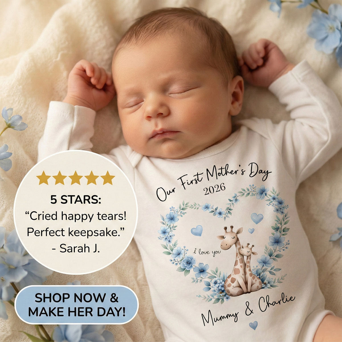 Our First Mother's Day Giraffe Mom And Baby - Personalised Onesie - First Mother's Day Baby Gift