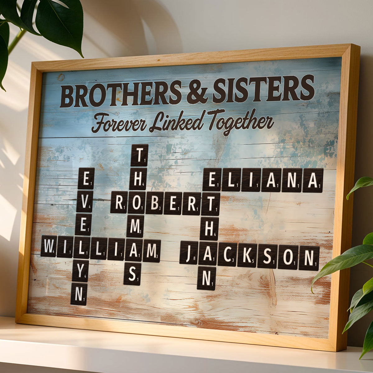 Brothers & Sisters Forever Linked Together Crossword Puzzle Art Blue Wood Palette - Personalized Poster - Gift For Siblings, Family
