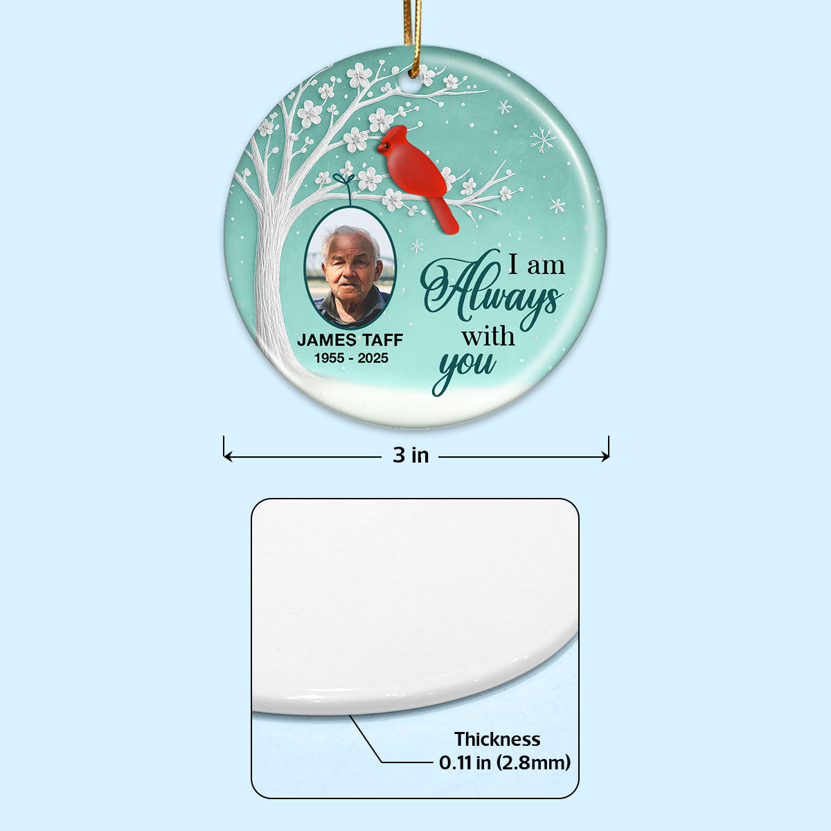 3D Sea Glass Effect Blossom Tree Cardinal Christmas Memorial Upload Photo - Personalized Ceramic Ornament