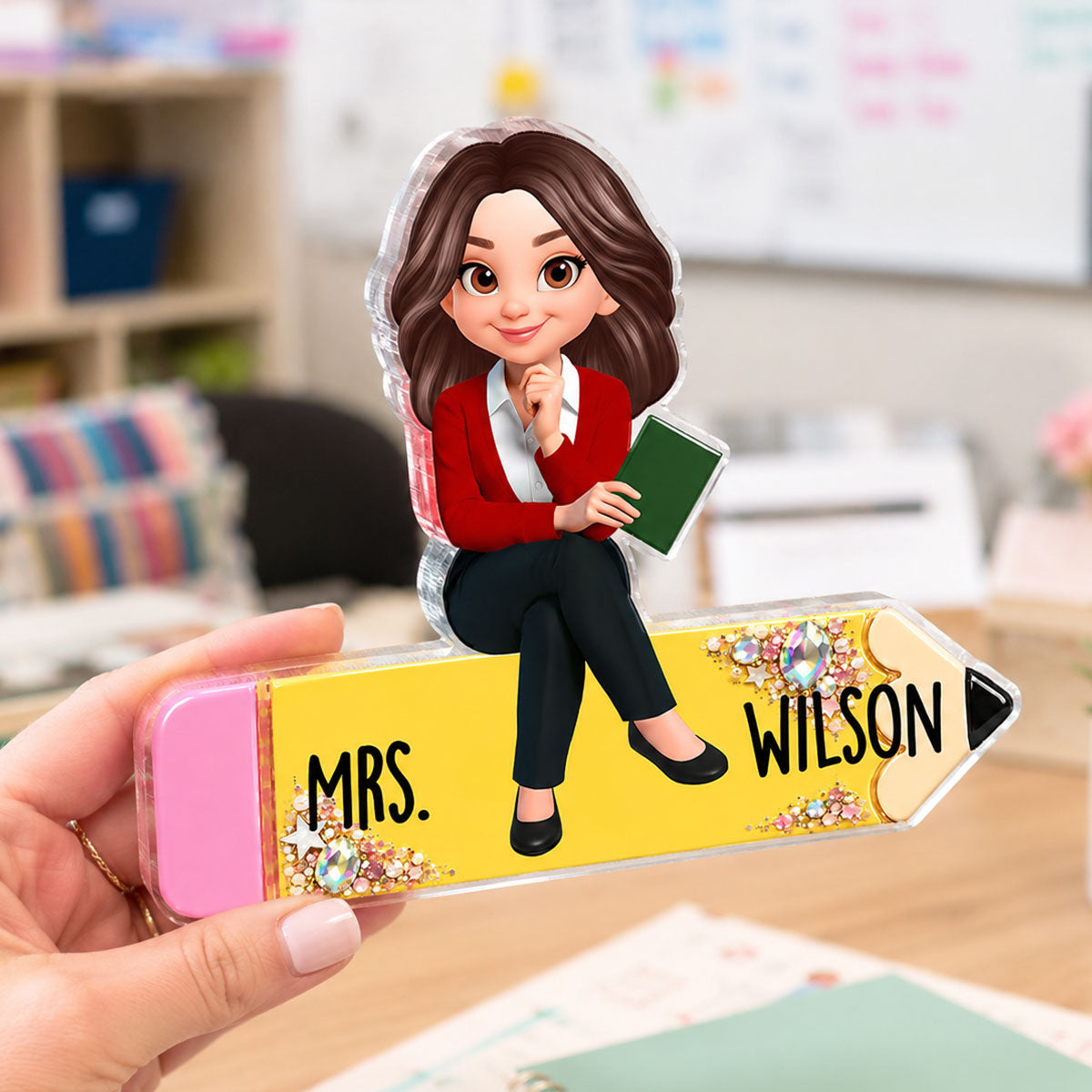 Teacher Sitting On Beautiful Pencil - Personalized Acrylic Block Plaque - Back To School Gift For Teacher, Classroom Decor