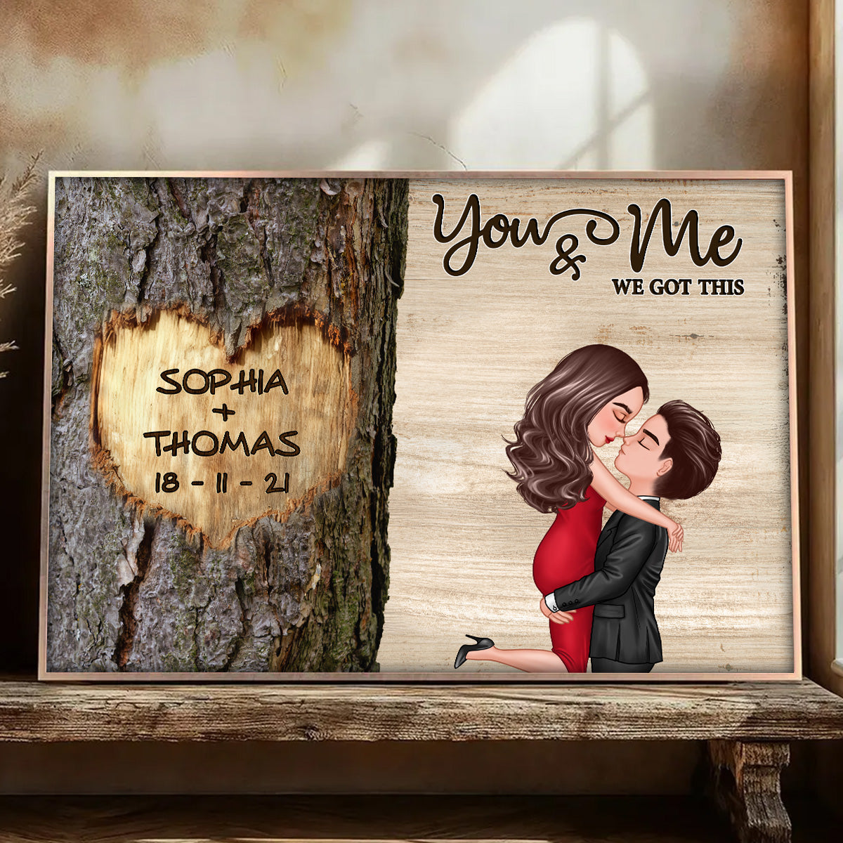 Couple Hugging Kissing Heart Carved Tree - Personalized Poster - Anniversary Gift, Valentine's Gift For Him, For Her