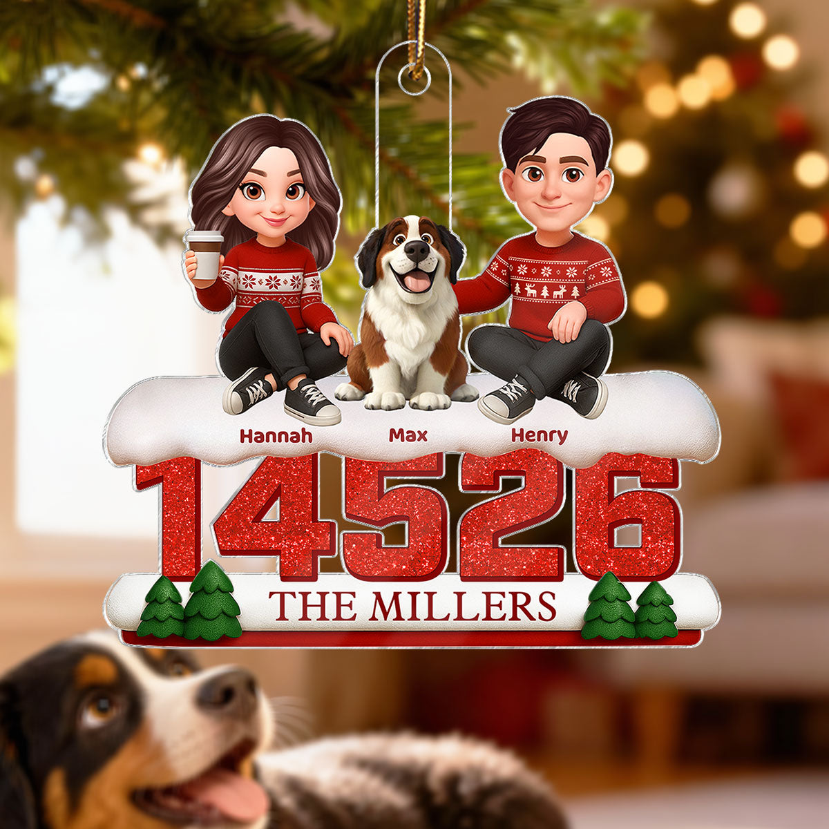 3D Effect Cartoon Family Sitting On Snow Zip Code - Personalized Acrylic Ornament