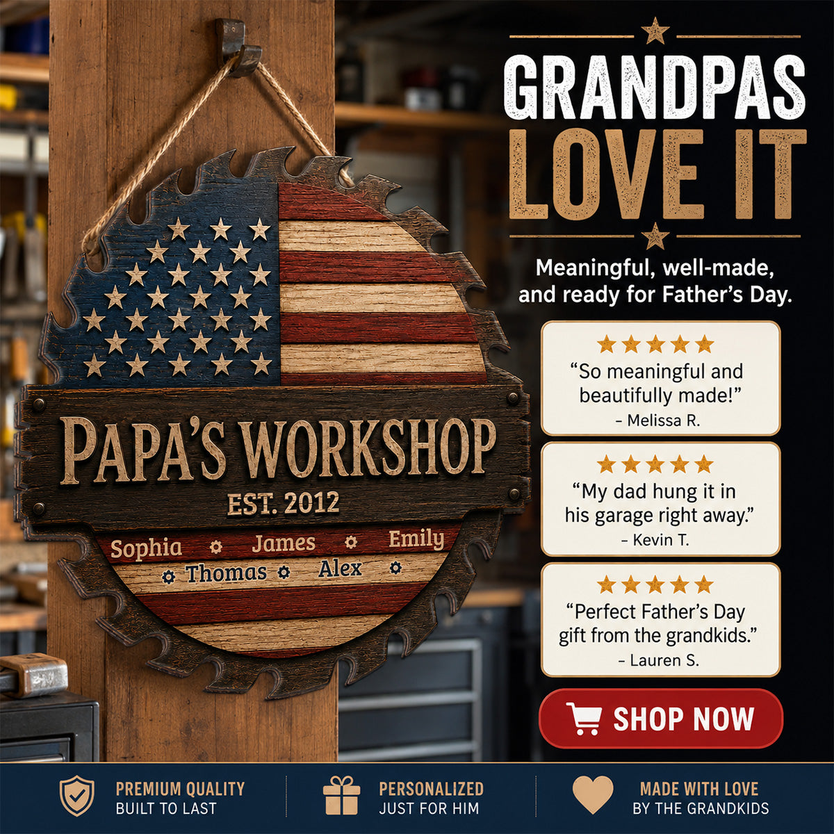 Dad Grandpa Workshop Nation Flag Theme - Personalized Wooden Garage Sign - Father's Day Gift For Patriotic Mechanic Dad, Grandpa