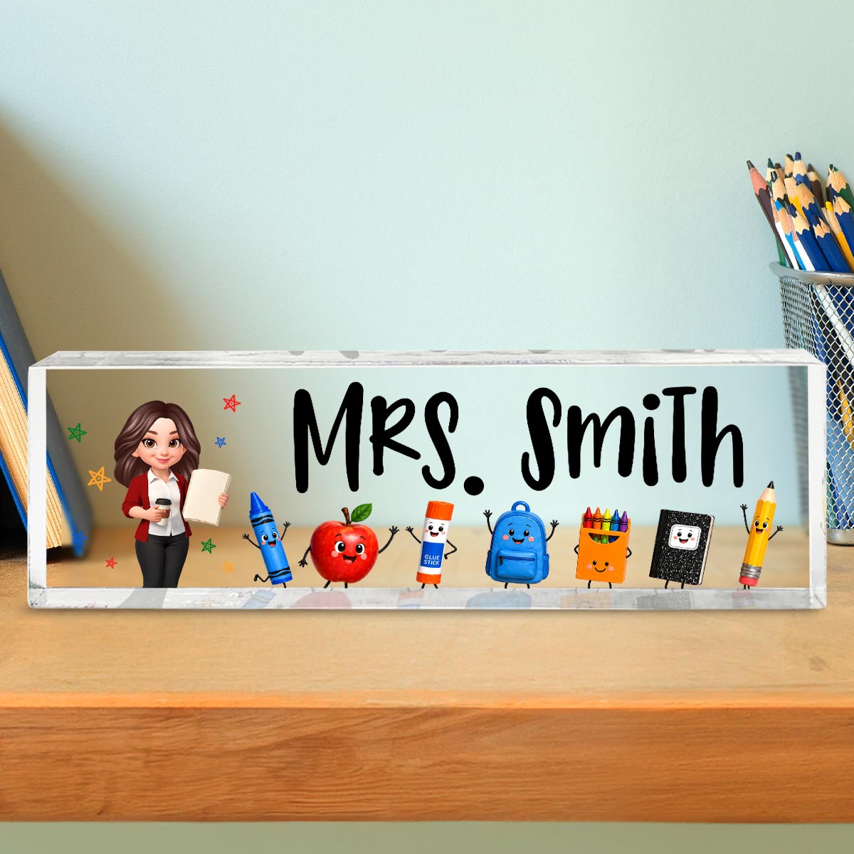 Funny Teacher Life Happy School Suppliers Friends - Personalized Acrylic Desk Name Plate - Back To School Gift For Teacher