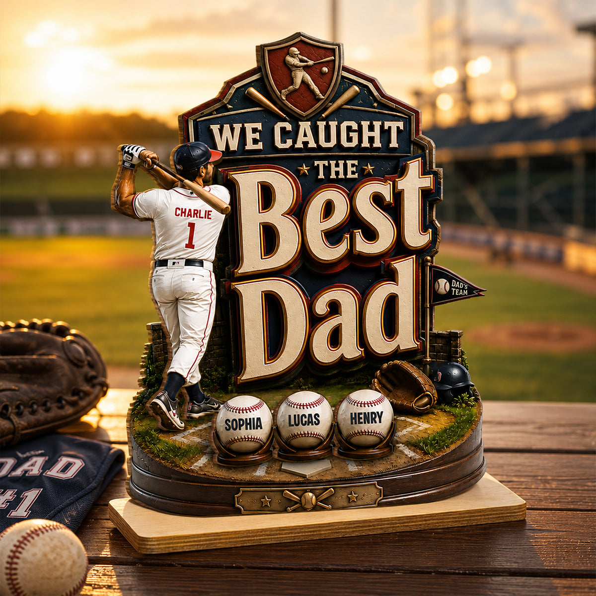 Baseball Dad & Kids We Caught The Best Dad - Personalized 2-Layered Wooden Plaque -  Gift For Baseball Dad, Husband