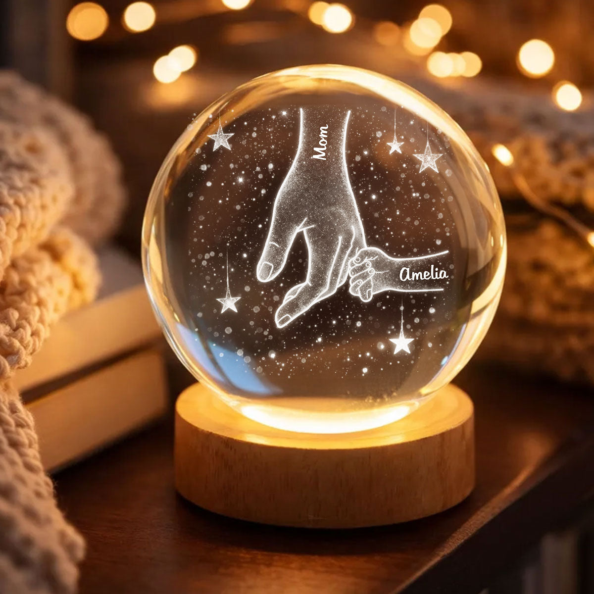 Mom Grandma Kids Holding Hands - Personalized Crystal Ball LED Night Light - Sentimental Mother's Day Gift for Mom, Grandma, Wife