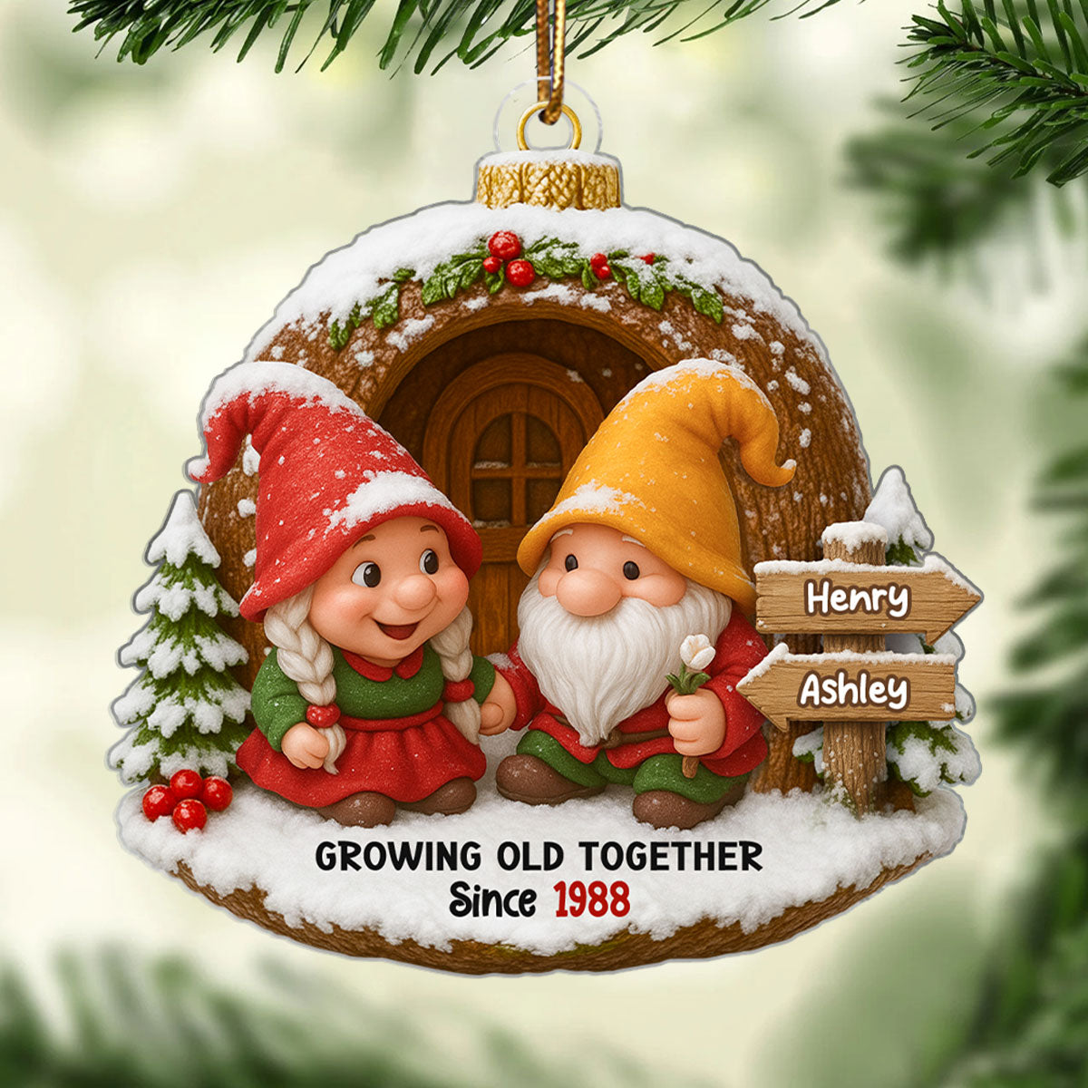 Christmas Gnome Couple Custom Name Sign Post - Personalized Acrylic Ornament - Christmas Gift for Old Couple