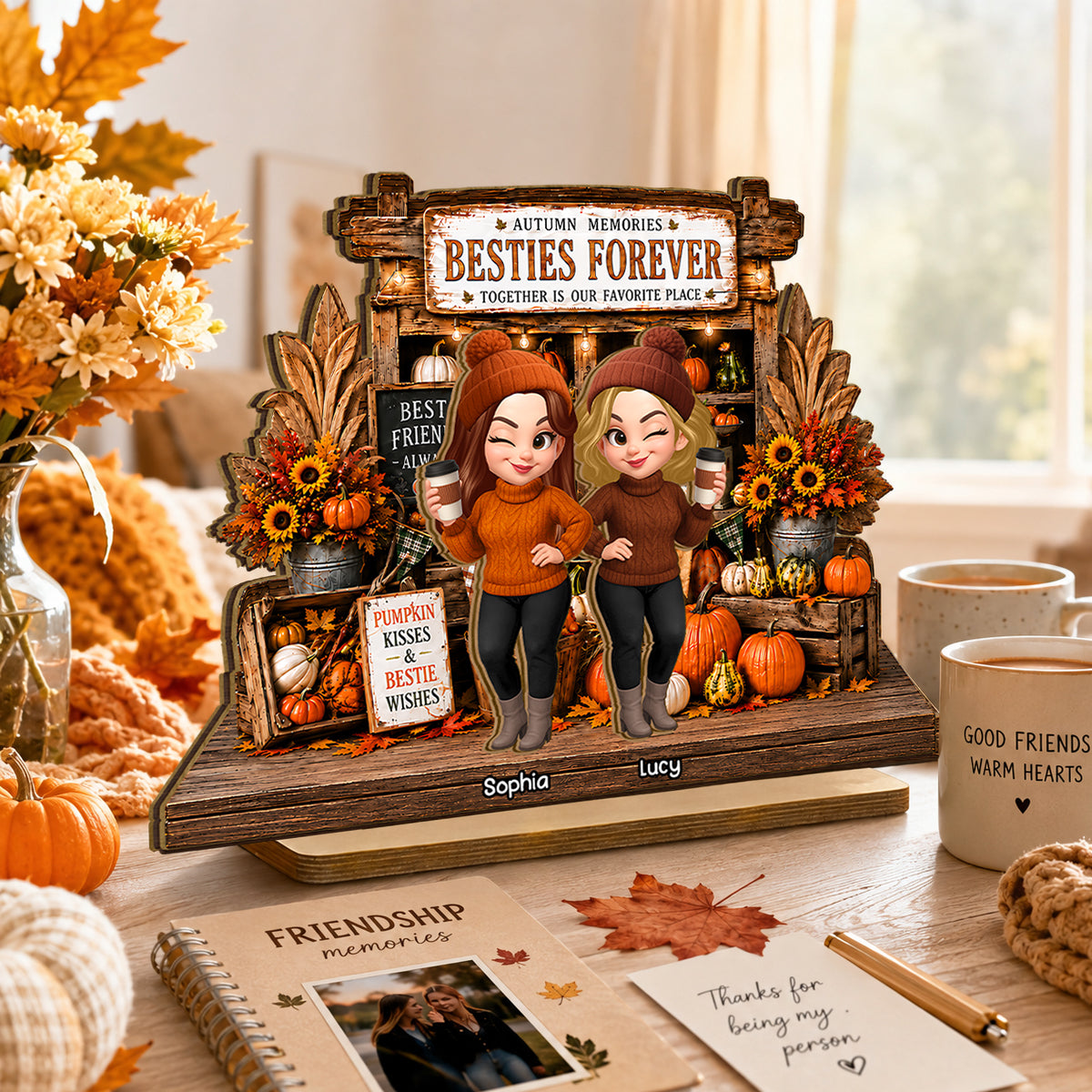 Rustic Pumpkin Patch Farm Besties - Personalized 2-Layered Wooden Plaque - Fall Season Gift For Besties