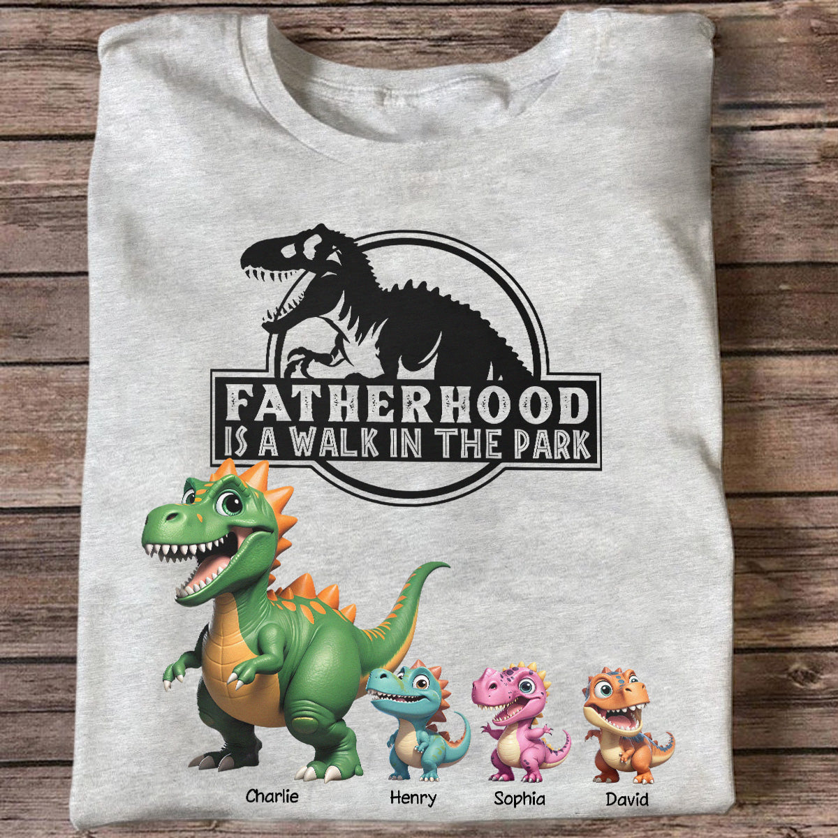 Fatherhood Is A Walk In The Park Custom Cartoon Dinosaurs - Personalized Shirt - Father's Day Gift For Husband, Dad