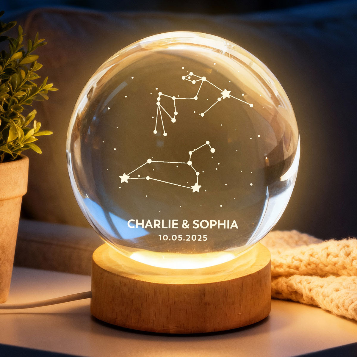 Couple Zodiac Constellation Astrology Star Sign Art - Personalized Crystal Ball LED Night Light - Gift For Couple