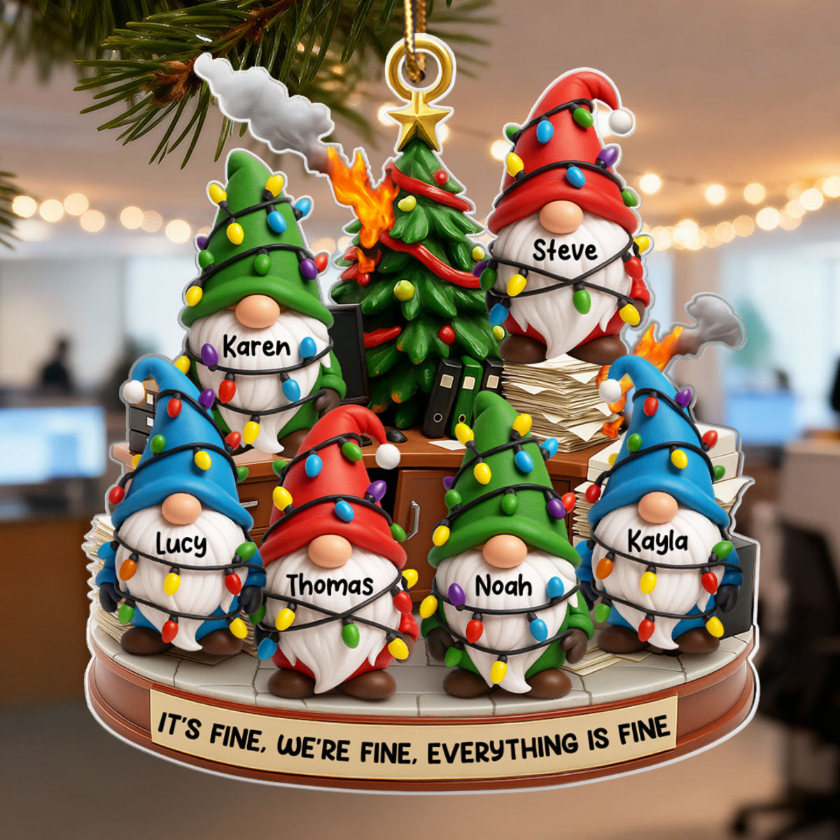 Office Chaos It's Fine We're Fine Gnome - Personalized Acrylic Ornament - Christmas Gift for Coworkers, White Elephant, Secret Santa Gift