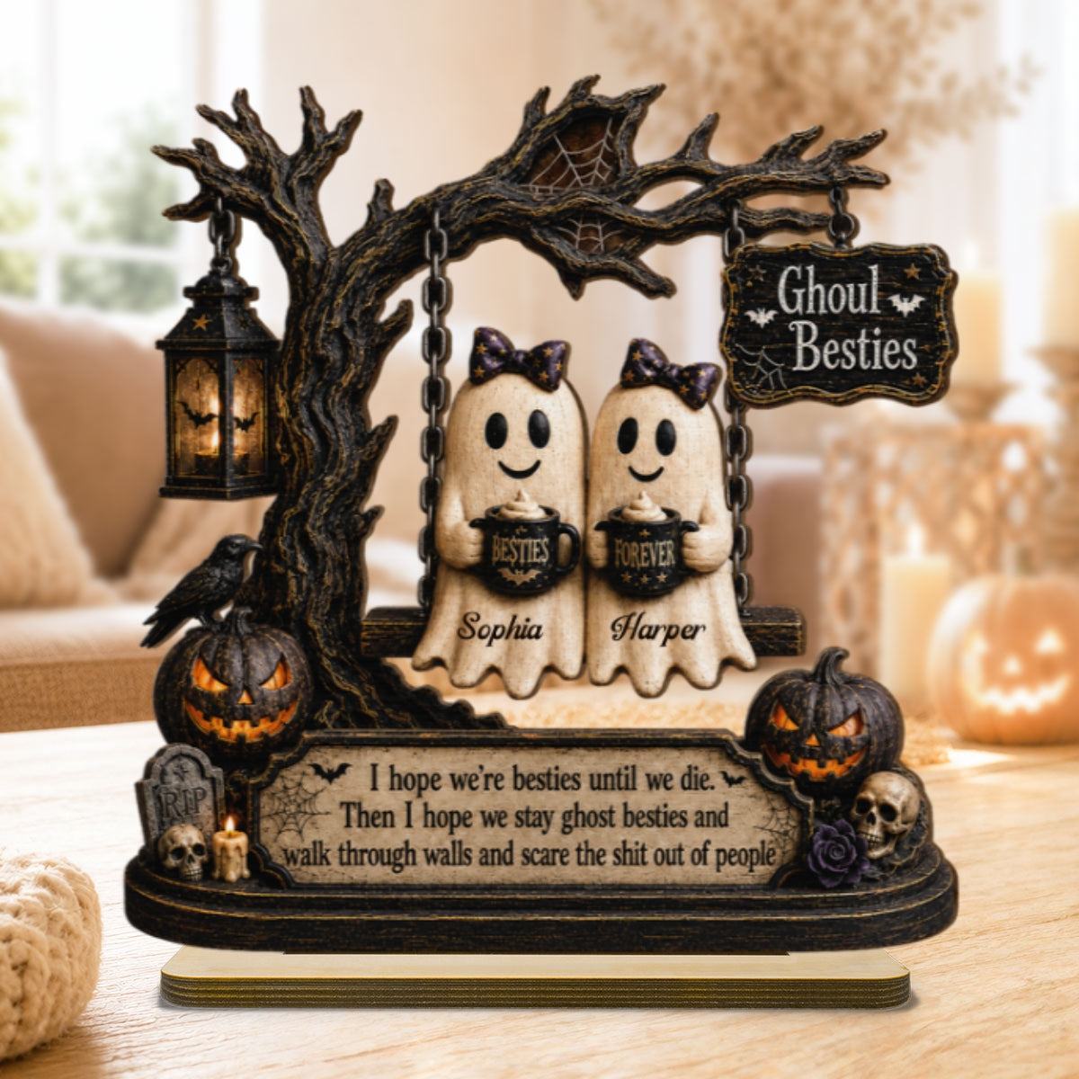 Ghost Besties On Swing Friends Until We Die 2D Flat - Personalized 2-Layered Wooden Plaque - Funny Work Bestie Gift, Halloween Keepsake For Best Friends